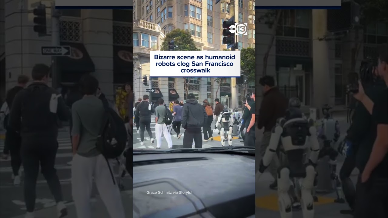 Bizarre scene as humanoid robots clog San Francisco crosswalk Bizarre scene as humanoid robots clog San Francisco crosswalk
