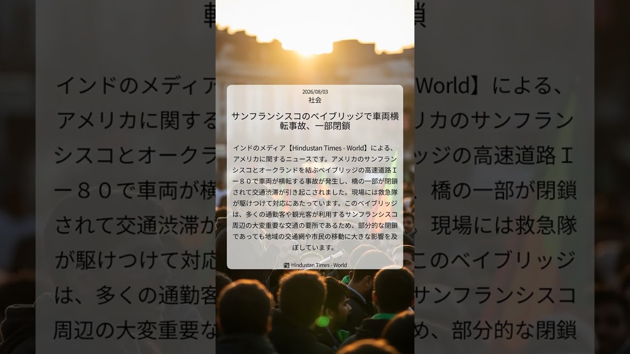 サンフランシスコのベイブリッジで車両横転事故、一部閉鎖|Hindustan Times – World|2026/08/03|社会 サンフランシスコのベイブリッジで車両横転事故、一部閉鎖|Hindustan Times – World|2026/08/03|社会